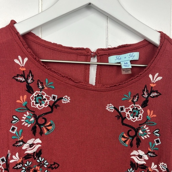 She & Sky Womens Tunic/Mini M Terra Cotta Pullover Sleeveless Embroidery Cotton - Picture 3 of 12